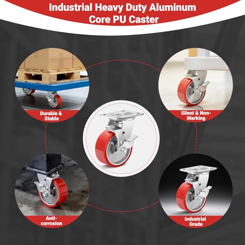 Image of Nefish 5 Inch Industrial Grade Casters Wheels, Heavy Duty Aluminum Core PU Castor Set of 4, Durable Plate Swivel Casters with Brake 4000 LBS, Anti-Corrosion Wheels for Industrial, Equipment