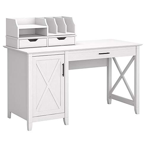 Bush Furniture Key West 54W Computer Desk with Storage and Desktop Organizers, Pure White Oak