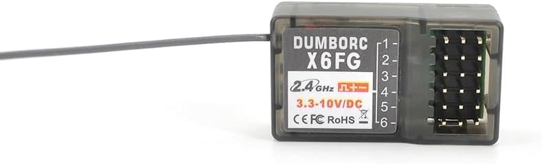 A închide view of a DUMBORC X6FG receiver, showing the label and pin connectors.