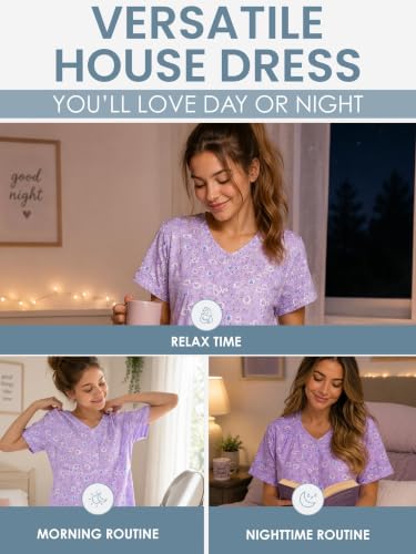 Image of Casual Nights Women's Snap - Front House Dress Short Sleeve Woven Housecoat Duster Lounger Robe with Pockets