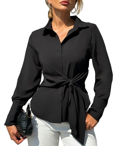 Image of VIDUSSA Button Down Shirts for Women - Long Sleeve Work Blouses Dressy Casual Tops Collared Side Tie Front Shirts Black Medium