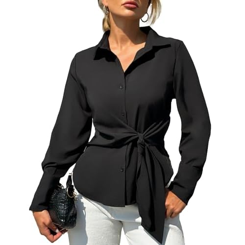 VIDUSSA Button Down Shirts for Women - Long Sleeve Work Blouses Dressy Casual Tops Collared Side Tie Front Shirts Small White