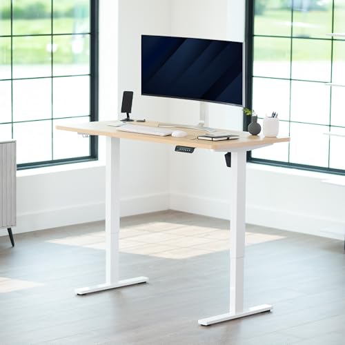 Image of VIVO Light Wood 55 x 28 in Standing Desk, DESK-KIT-1W55C | Electric, Holds 220 lbs, Sit Stand, Height Adjustable, Solid One-Piece Table Top, Memory Presets, 1B Series, White Frame