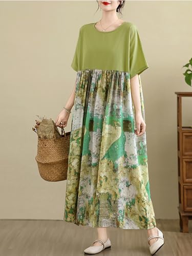Image of Women's Oversized Dress Plus Size Summer Dress Artsy Print Pathwork | Loose, Oversized Cut Baggy Dresses. O Neck with Pockets. Breathable Viscose Fabric for Summer. Colorful Print Patchwork