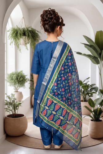 Image of Girls Cotton Blend Embroidered Kurta Pant with Printed Banarasi Style Dupatta Set | Festive Ethnic Wear for Kids | Traditional Suit Set for Girls (4-14Years)