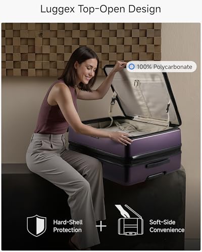 Image of Carry On Luggage 22x14x9 Airline Approved, FLO-Core Expandable Polycarbonate Hard Shell Suitcase with Front Pocket, Purple, 28 Inch, Checked Luggage