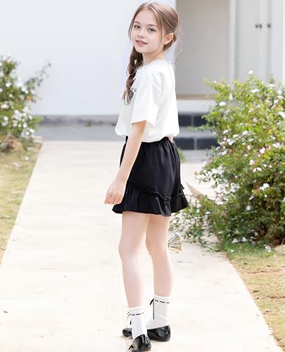 Image of Girls Summer 2 Piece Outfits Big Kids Ruffle Short Sleeve Cute Shorts Sets T Shirts and Shorts Clothing Sets 5-16Y