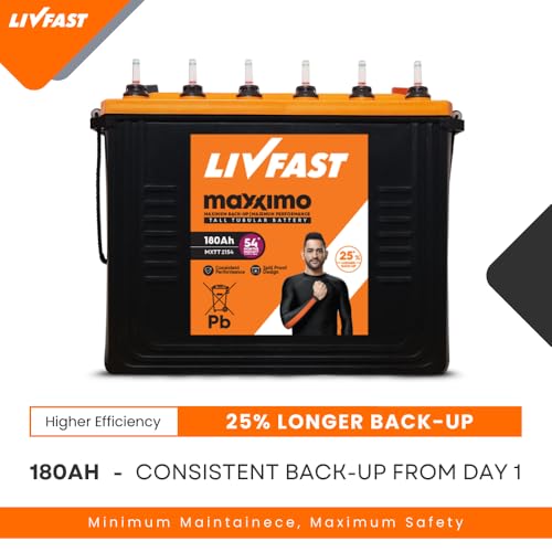 Image of Livfast Maxximo Tall Tubular High-Performance Battery MXTT 2154 | 180 Ah | 54 Months Warranty | Durable Backup Power for Home and Office, Long-Lasting Backup