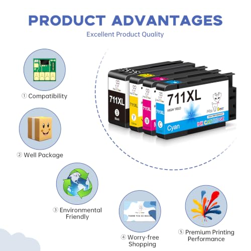 Image of Miss Deer 711XL Ink Cartridges Bundle, Replacement for HP 711 711XL Ink Cartridge Combo Pack Work for DesignJet T100 T120 T125 T130 T520 T525 T530 Printer CZ129A (BK /C /M /Y)