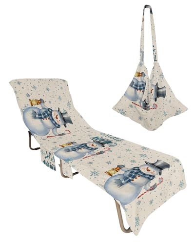 Christmas Beach Chair Towel Covers for Chaise Lounge with Side Pocket, Soft Plush Pool Towels Cover for Patio Sunbathing Outdoor 29''x85'' Winter Snowman Snowflake Watercolor