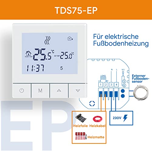 Beok Fussbodenheizung Thermostat Für Elektrische Fußbodenheizung Thermostat Heizung Digital Programmierbar Raumthermostat Fussbodenheizung Steuerung mit Fühler 16A TDS75-EP Weiß Non-WiFi