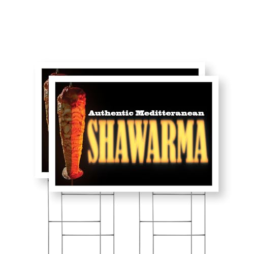 Authentic Mediterranean Shawarma Yard Sign 2 Pack of 24 Inch x 36 Inch Single Sided Weatherproof Heavy-Duty Plastic with Stake | Fresh Middle Eastern Food, Wraps, Gyros | Made in USA
