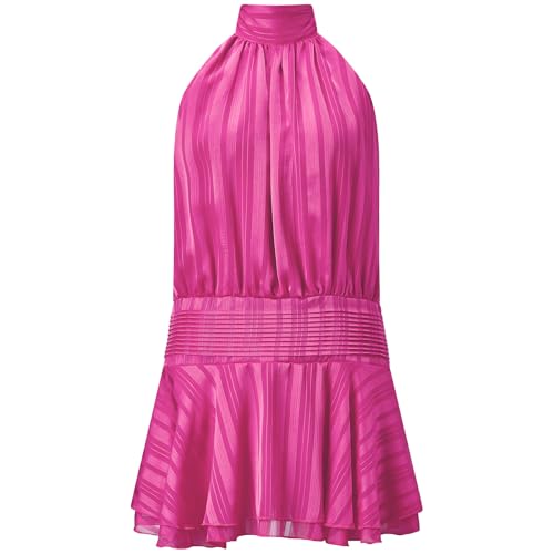 Image of Women's 2026 Summer Halter Dress Sleeveless Open Back Ruffle Tiered Layered Chiffon Pleated A Line Swing Mini Dress