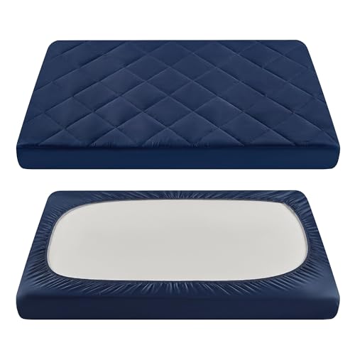 Image of TILLYOU Pack and Play Sheets for Toddler Mattress, Mini Crib Sheets Fitted Up to 3" Deep, Breathable and Soft fit 39"x27", Navy