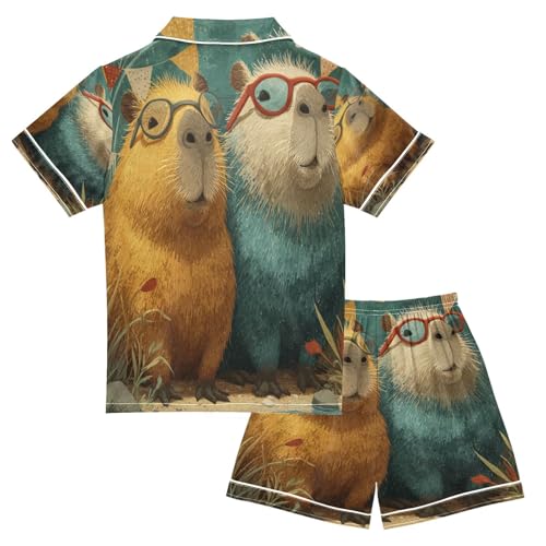 Satin Pajama Sets Short Sleeve Cute Adorable Capybaras Button Down Silky Nightwear 2 Piece PJS 5-14Y2