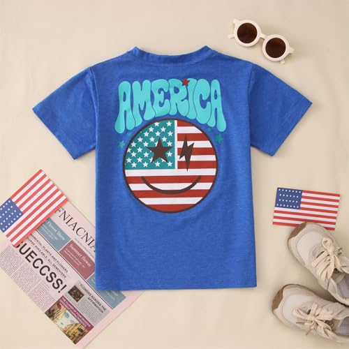 Image of MODNTOGA Boys Girls 4th of July Shirt USA Flag Graphic T-Shirt Big Kids America Print Short Sleeve Patriotic Holiday Tee Tops (Blue, 6-7 Years)