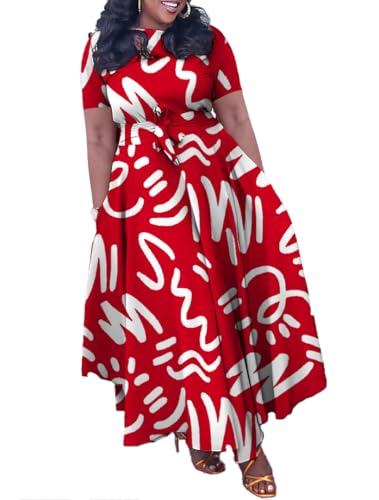 Image of Hostoyo Women Plus Size Formal A Line Maxi Dress Self Tie Waist with Pockets Elegant Round Neck Swing Long Dresses