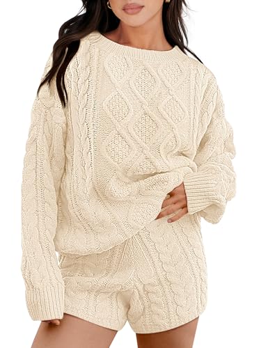 ANRABESS Women 2 Piece Outfits Sweater Lounge Loungewear Sets 2025 Winter Cable Knit Oversized Sweaters Shorts Matching Sets Beige Large