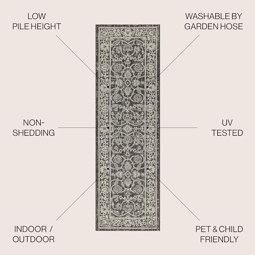 Image of JONATHAN Y Vine & Border Indoor Outdoor Runner Rug 2X10 Black /Gray, Palazzo Textured Weave for Backyard, Patio, Porch, Easy-Cleaning, High Traffic, Pet-Friendly, Non-Shedding (SMB103C-210)
