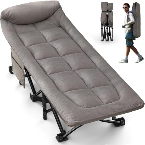 OVERMONT Cama de Camp Plegable con Colchón - Cama de Camp Plegable 190 x 70 x 40 cm - Soporta hasta 250 kg - Tela Oxford con Bolsillo Lateral - Bolsa de Transporte para Camping Jardín Oficina - Gris