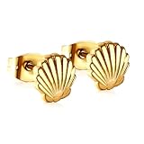 Mini Shell Stud Earrings For Women Gold Plated Stainless Steel Minimalist Dainty Tiny Delicate Scallop Seashell Cartilage Earring Small Cute Studs Summer Beach Ocean Ear Jewelry (Gold)