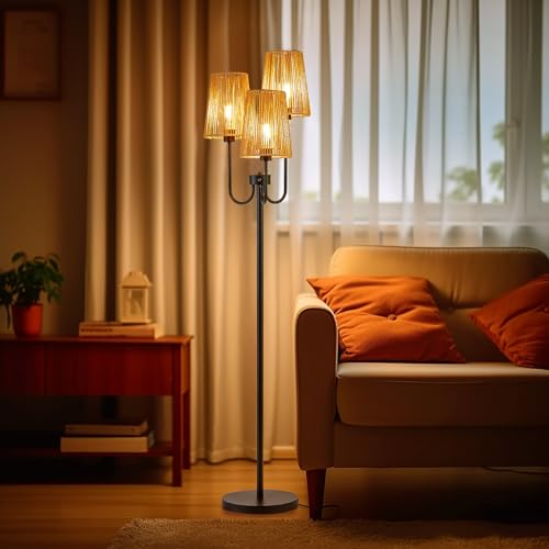 RORIANO Boho Floor Lamp for Living Room, 3-Light Rotary Switch Farmhouse Standing Bedroom Lamp with Rattan Shade, Tall Floor Lamps for Rustic, Coastal, Beach or Bohemian Decor, 3 LED Bulbs Included - Image 4