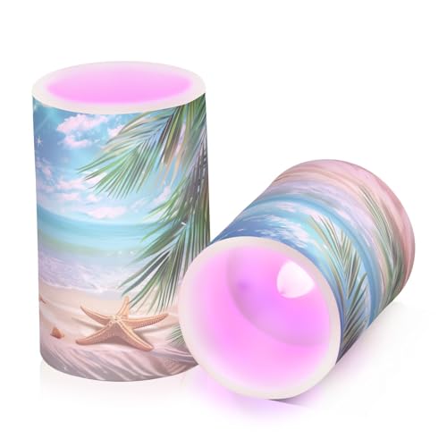 Image of Flickering Flameless Candles, Palm Leaves Starfish Beach LED Candles with Remote Timer, Set of 2 Battery Operated Candle for Valentine Wedding Birthday