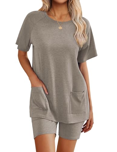 Image of Ekouaer Two Piece Sets for Women Summer Outfits 2026 Lounge Set Crew Neck Tshirts Biker Short Sweatsuit with Pocket