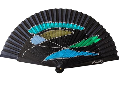 Abanico Español Pintado a Mano Azul, Turquesa, Verde y Negro Serie Picasso 'Producto Ecológico'