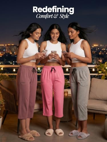 Image of Fflirtygo Women's Cotton Plain Calf Length Capri | Nightwear Pajama | 3 /4th Solid Pyjama Pant | Black Navy and Lavender Lounge Pants | Casual wear & Lounge Wear Capri Combo (Pack of 3)