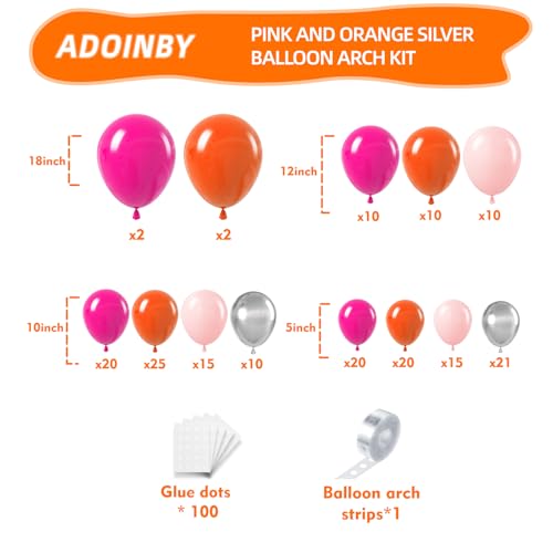 Image of Pink and Orange Balloon Arch Kit, 180Pcs Hot Pink Orange Metallic Silver Latex Balloon Garland kit, 18 12 10 5 Inch Different Size Balloons for Birthday Baby Shower Wedding Party Decorations