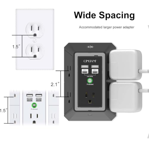 Image of Surge Protector, QINLIANF 5 Outlet Extender with 4 USB Ports(2USB-C) | 1680 Joules, 3-Sided Power Strip with Night Light, Multi Plug Wall Outlet Adapter Spaced for Home Travel Office, Black