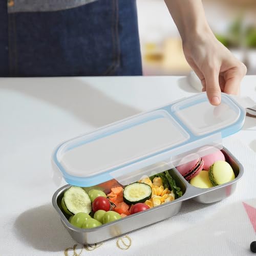 Stainless Steel Snack Containers for Kids Adults, 2 Pack 2 Compartment Metal Snack Containers Box with Lid, Reusable Food Storage Container, Leak Proof, Grab and Go, Blue - Thumbnail 3