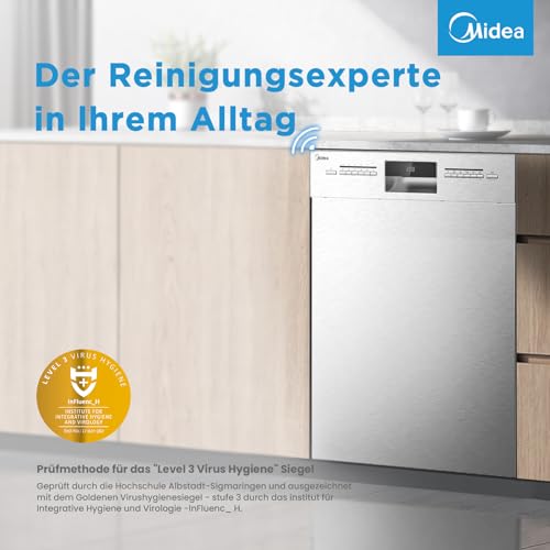 Midea SU 5.35X14CS Geschirrspüler Unterbau, 14 MGD, Spülmaschine 60 cm, Home Connect, Hygienepflege+, Maschinenpflege+, Extra Trocknung, Halbe Beladung, 44 db, Startverzögerung, Edelstahl