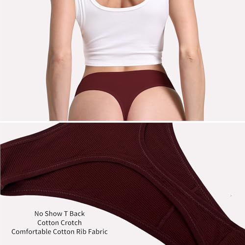 Image of 6 Pack Women's Ribbed Cotton Thongs High Waist Panties Underwear | GAREDOB 6 Pack Women's Ribbed Cotton Thongs High Waist Seamless Panties Plus Size High Rise No Show Underwear