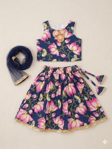 Image of A.T.U.N. (ALL THINGS UBER NICE) Baby Girls Cotton Ethnic Floral Lehenga Choli Set with Lace & Dupatta | Traditional 3-Piece Festive Outfit for Kids