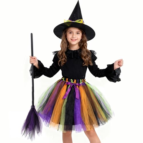 Hifot Hexenkostüm Kinder Tutu Rock Hexen Hut Hexen Besen Halloween Karneval Kostüm Hexenkleid für Mädchen