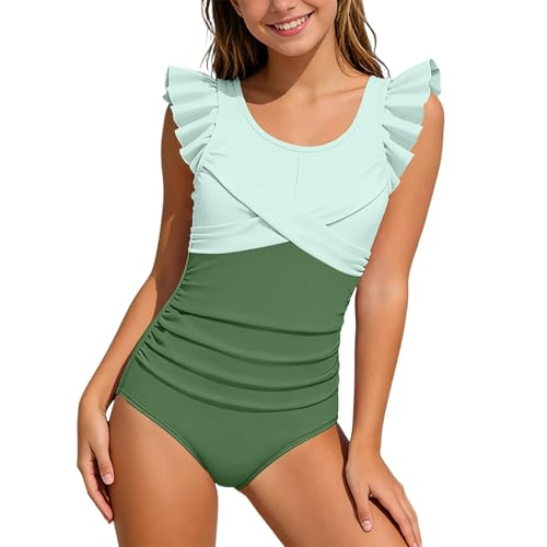 Traje de baño para niñas con Falda con Volantes en la Espalda, Ideal para Adolescentes, de algodón, UPF 50+ y Transpirable, Ideal para Piscina, Tendencia Infantil Dos Piezas
