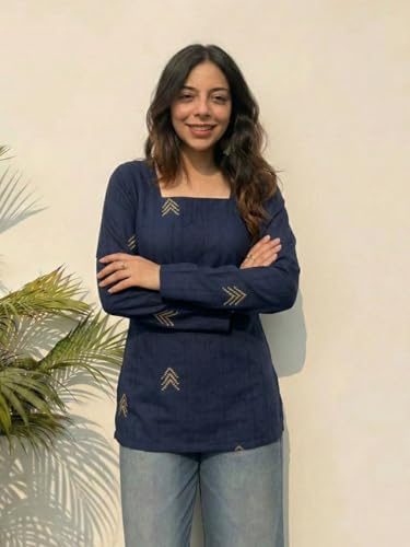 Image of ANNI Designer Women's Viscose Printed Short Kurti | Straight Fit Ethnic Top with Square Neck | Bell Sleeve Casual Indian Kurta for Office College, Party