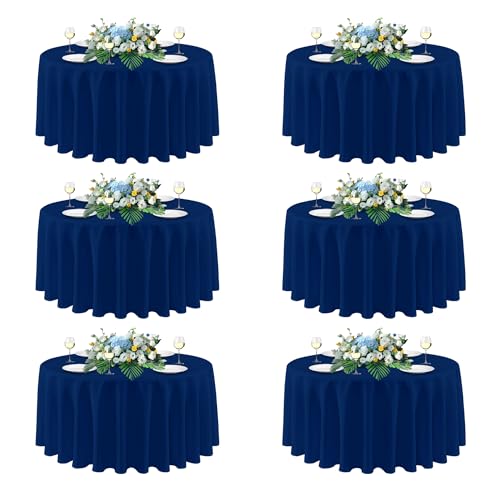 Image of sancua Navy Blue Round Tablecloths 90 Inch (Fit 30-72 Inch Tables), 6 Pack | Circle Fabric Table Cloths for Wedding Party Banquet Birthday, Washable Polyester Cover