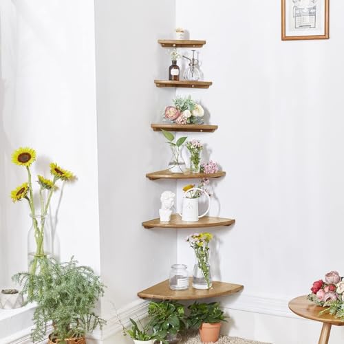 Gieanoo Eckregal Hängeregal, 18cm Eiche Massivholz Eckregal runde Enden Wandregal Holz Vintage Landhausstil Regal für Schlafzimmer Wohnzimmer Radius