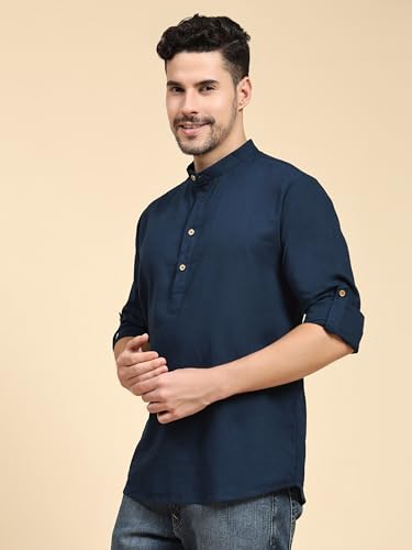 Image of SKAVIJ Men Solid Cotton Long Sleeve Casual Henley Kurta Shirt