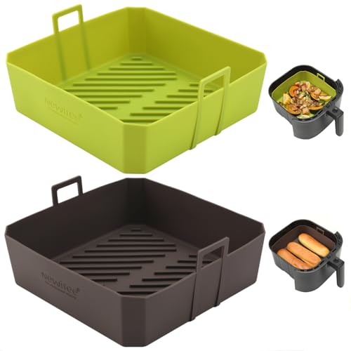 NEWITEE 5QT Air Fryer Silicone Liners for Ninja AF141/AF142/AF181/AF182 & COSORI CAF-L501, 2 Pack BPA Free Platinum Silicone Basket, Square Reusable Air Fryer Liners with Handle, Upgrade