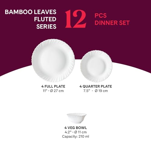 Image of Larah by Borosil Bamboo Leaves Fluted Series Opalware Dinner Set | 12 Pieces for Family of 4 | Microwave & Dishwasher Safe | Bone-Ash Free | Crockery Set for Dining & Gifting | Plates & Bowls | White