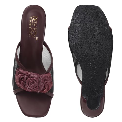 Image of Dely Bely Women's Black Floral Embellished Heels | Stylish Slip-On Party Sandals with Comfortable Heel for Wedding, Festive & Casual Wear