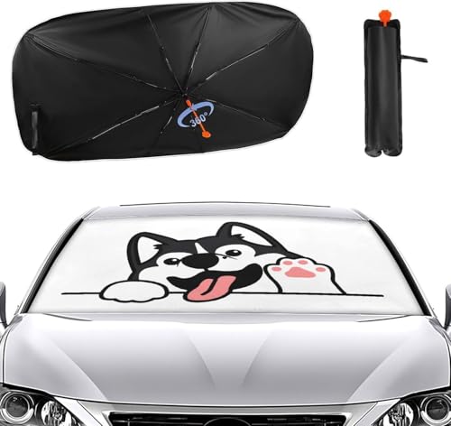 車用サンシェード かわいい ハスキー 漫画 傘型 折りたた式 遮光 遮熱 紫外線遮蔽おしゃれ 取り付け簡単