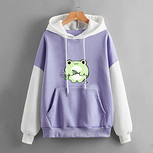 Yslmnor Cute Aesthetic Frog Hoodie For Teen Girls Kawaii Graphic Sweatshirts Womens Long Sleeve Color Block Pullover Sweaters #TOP1
