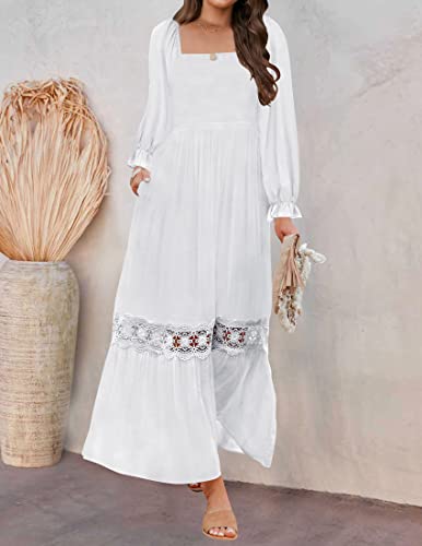 Zesica Women'S 2024 Boho Long Sleeve Square Neck Smocked High Waist Flowy A Line Lace Trim Maxi Dress White thumb #4