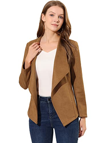 Allegra K Women Faux Suede Jacket Lapel Draped Open Front Cardigan Casual Trendy Suede Blazer Small Brown