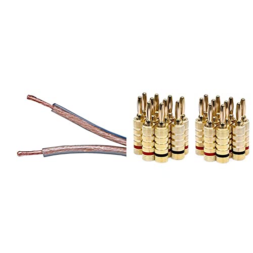 Monoprice 50ft 12AWG Enhanced Oxygen-Free Copper Loud Speaker Wire Cable & 121820 24k Gold Plated Speaker Banana Plugs, Closed Screw Type (10 Pairs)